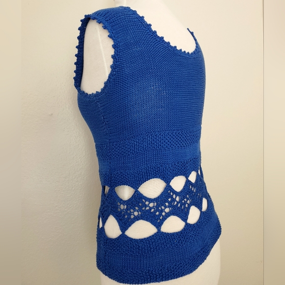 Vintage knit crochet top blue cotton cutout tank scoop neck sleeveless boho S M - Picture 11 of 16